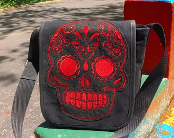 Sugar Skull Black Canvas Courier Bag, Crossbody Messenger bag,  Book Bag, Canvas Daybag