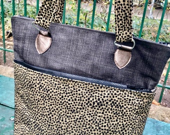 Brown Black Upholstery Zipper Tote Bag, Shoulder Bag
