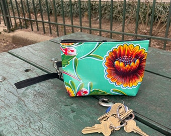 Floral Mexican Oil Cloth 7" Swinger, Wristlet Clutch Bag, Oil Cloth Pouch