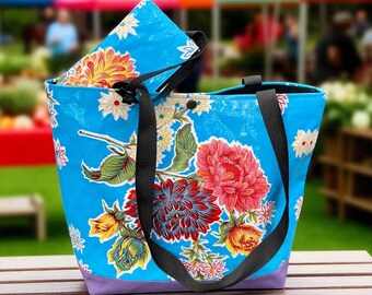 Floral oil cloth and canvas medium size tote bag with wristlet