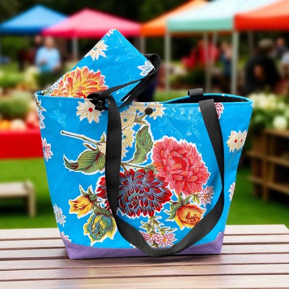 Floral oil cloth and canvas medium size tote bag with wristlet