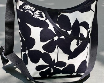 Black and White Floral Cotton Print Market Bag, Cross Body Bag, Shoulder Tote