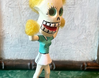 Deluxe Cheerleader  Mexican Dia de los Muertos Ceramic Figurine, Day of the Dead Folk Art
