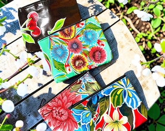 Floral Mexican Oil Cloth 7 “ Zippered Pouch, Cosmetic Case