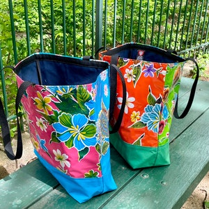 Double Pattern Large  Floral Mexican Oil Cloth Beach Bag, Canvas Trimmed Tote Bag