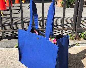 Large Canvas Topstitch Tote with Oil Cloth Lining, Shoulder Bag, Blue Canvas Shopper Tote