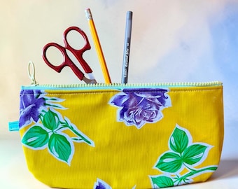 Yellow and purple rose oil cloth zipper pouch, cosmetic case, pencil case