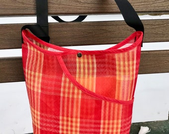 Love Shine Mexican Mesh Red Plaid Market Bag, Mercado Bag, Woven Mesh Crossbody Shoulder Bag