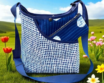 Indigo blue polka dot crossbody market tote bag with wristlet