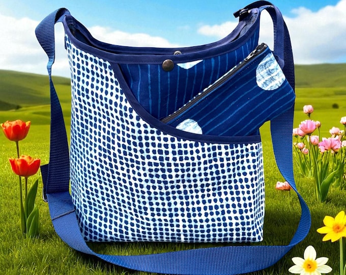 Featured listing image: Indigo blue polka dot crossbody market tote bag with wristlet