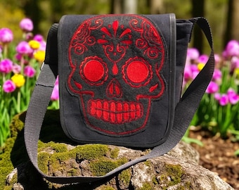 Embroidered Sugar Skull Canvas Courier Bag: Crossbody Messenger