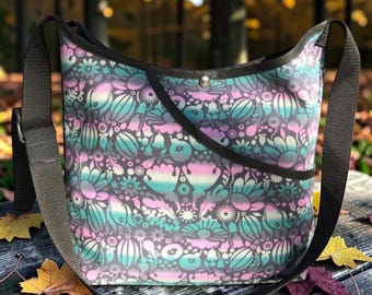 Teal Lilac Floral Cotton Print Market Bag, Crossbody Shoulder Bag