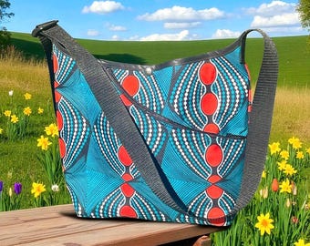 Teal orange African print crossbody market tote bag