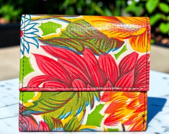 Green Floral Oil Cloth French Purse Trifold Wallet, Billfold