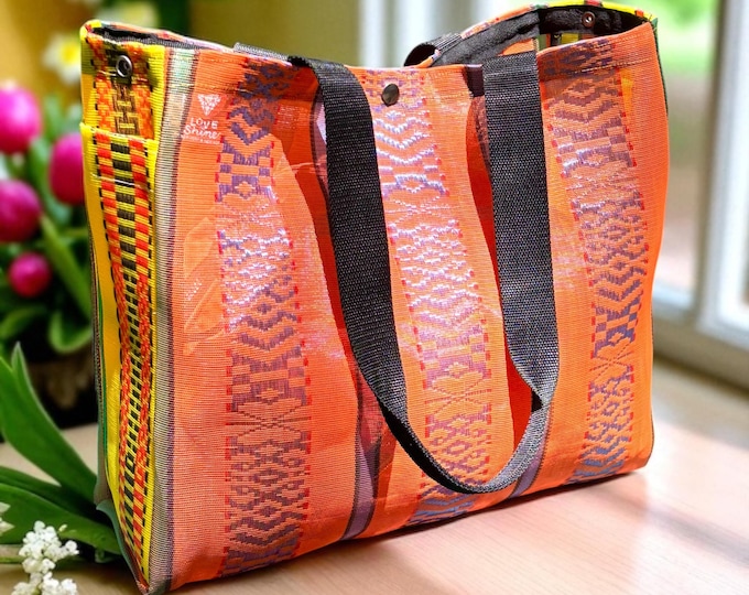 Featured listing image: Love Shine Large Mexican Mesh Orange Market Bag, Tote bag, Mercado Bag, Beach Bag