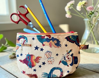 Sailor Jerry tattoo cotton print zipper pouch bag, cosmetic case, pencil case
