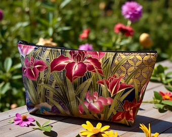 Asian Floral Metallic Gold Cloth Make Up Case, Cosmetic Bag, Toiletry Case, Zipper Pouch