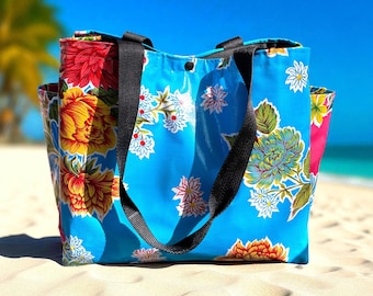 Floral oil cloth patchwork market tote bag