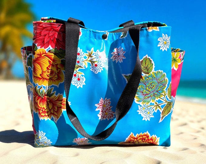 Featured listing image: Floral oil cloth patchwork market tote bag