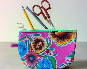 Hot pink floral oil cloth zipper pouch, cosmetic case, pencil case