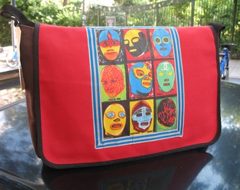 Lucha Libre Mask Canvas Courier Bag, Red Canvas Mexican Wrestler Messenger Bag, Superhero Crossbody Bookbag