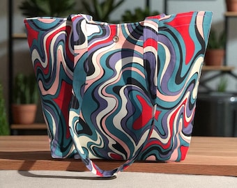 Purple blue swirl cotton print tote bag