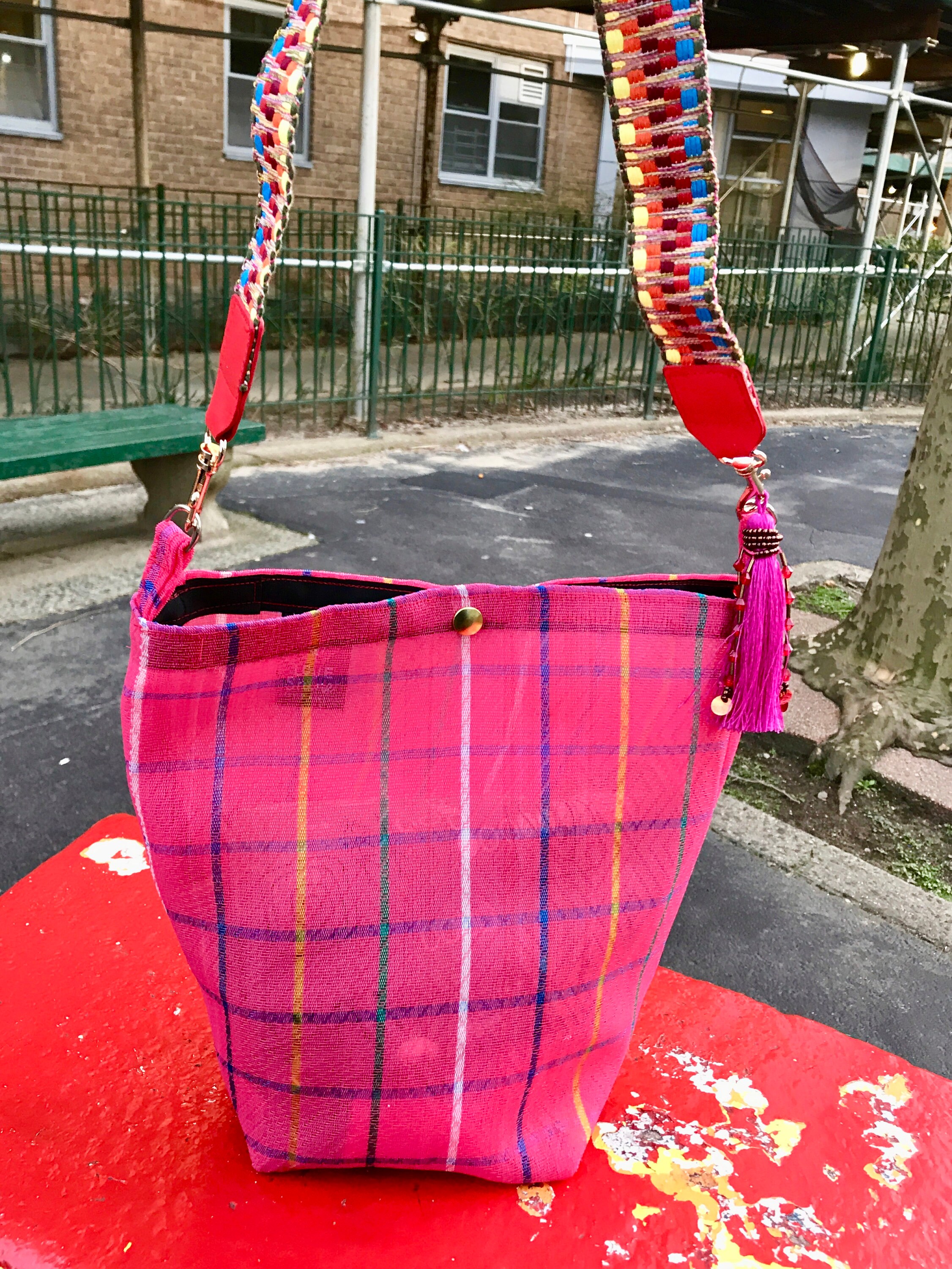 Pink Plaid Love Shine Mexican Mesh Tote Bag, Market Bag