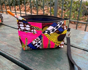 Patchwork Quilted African Wax Cloth Wrist Bag, Wristlet Clutch Bag, 7” Pouch