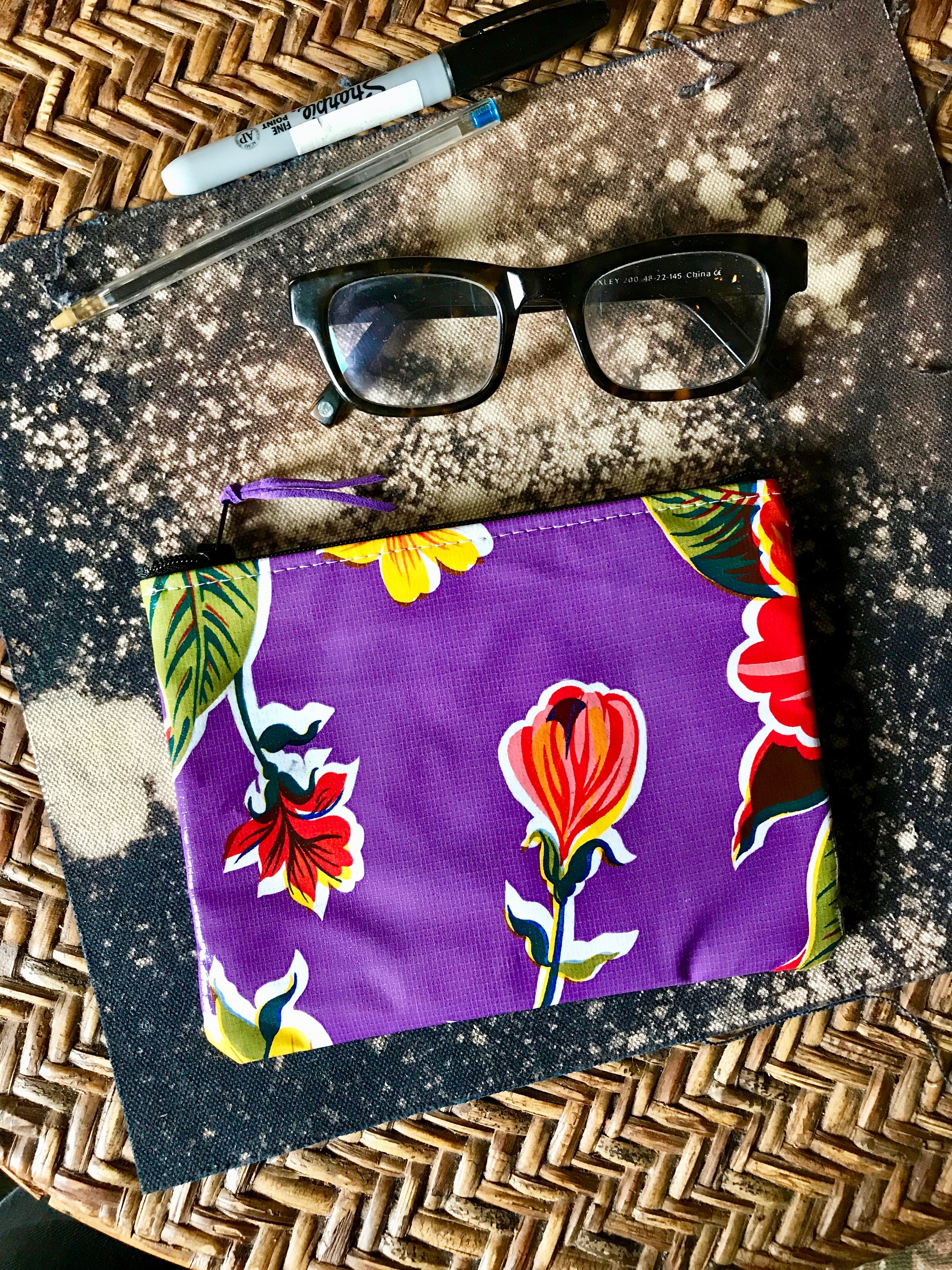 7 Zippered Purple Floral Oil Cloth Pouch, Cosmetic Case, Make Up Bag