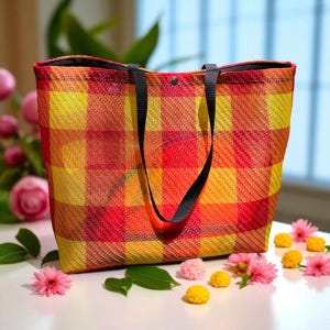 Love Shine große rot gelb karierte mexikanische Mesh Markt Einkaufstasche, Mercado Tasche, Strandtasche