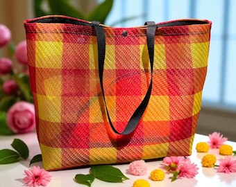 Love Shine Large Red Yellow Plaid Mexican Mesh Market Tote Bag, Mercado Bag, Beach Bag