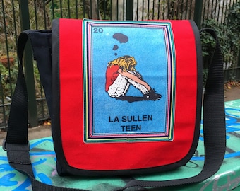 Red La Sullen Teen Canvas Messenger Bag, Crossbody Daybag, Mexican Loteria Courier Bag, Teen School Bag