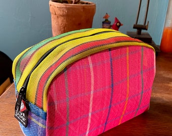 Pink Plaid Patchwork Mexican Mesh Vinyl Dopp Kit, Travel Case, Toiletry Kit, Cosmetics Bag