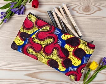 African Wax Cloth 10” Pencil Case, Cosmetic Bag, Zipper Pouch