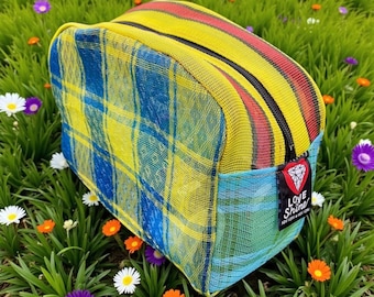 Love Shine Blue Yellow Plaid Mexican Mesh Patchwork Travel Dopp kit, Cosmetics Case, Make Up Bag