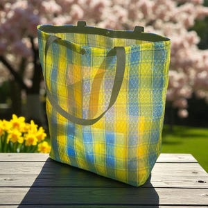 Large Blue Yellow Plaid Mexican Mesh Market Tote Bag, Mercado Bag, Beach Bag,