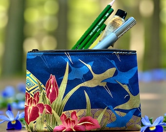 Floral Asian Blue Gold Zippered Pouch, Cosmetic Case, Make Up Bag