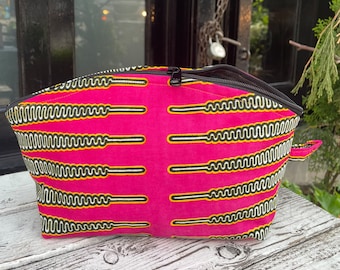 11” Pink African Wax Cloth Make Up Case, Cosmetic Bag, Toiletry Case, Zipper Pouch