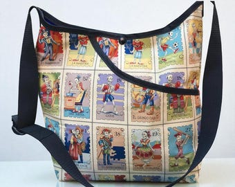 Day of the Dead cotton print crossbody tote bag,