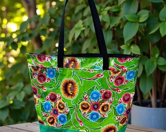 Floral Mexican Oil Cloth and Canvas Zippered Beach Bag, Large Shoulder Tote