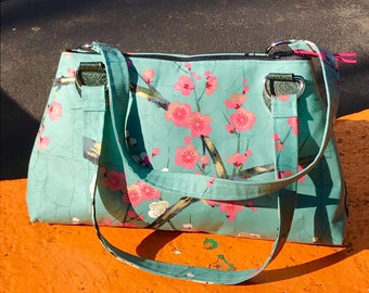 Asian Floral Green Pink Plum Blossom Cotton Print Shoulder Bag, Handbag, Purse