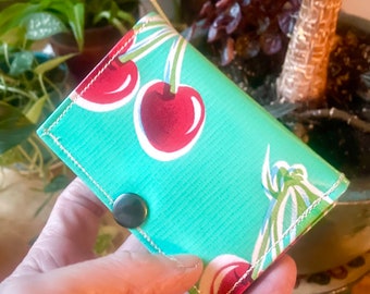 Love Shine Turquoise Cherry Oil Cloth Trifold Wallet, Billfold