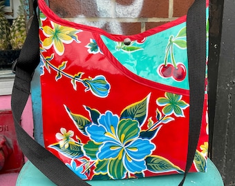 Red Floral and Turquoise Cherry Oil Cloth Crossbody Market Bag, Shoulder Bag