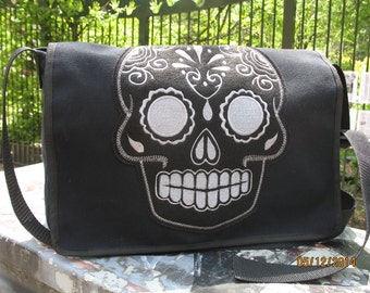 Sugar Skull Black Canvas Courier bag, Black Canvas Shoulder Messenger Bookbag