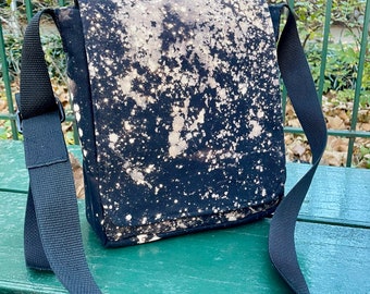Reverse Dyed Black Canvas Daybag, Bleach Dye Tie Dye Courier Messenger Bag