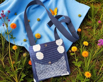 Indigo blue polka dot crossbody messenger bag