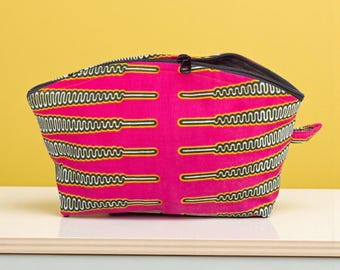 11” Pink African Wax Cloth Make Up Case, Cosmetic Bag, Toiletry Case, Zipper Pouch