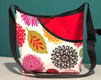 Zinnia Floral Print Cotton Canvas Market Bag, Crossbody Shoulder Bag, Hobo Bag