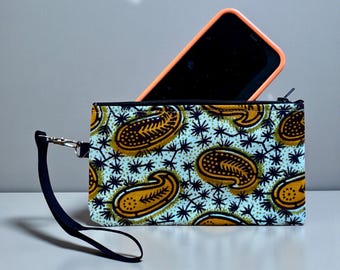 African Wax Cloth Cellphone Wristlet, zipper pouch