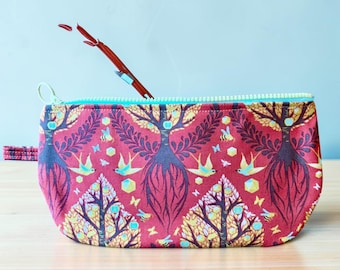 Brown birds and bees cotton print zipper pouch bag, cosmetic case, pencil case
